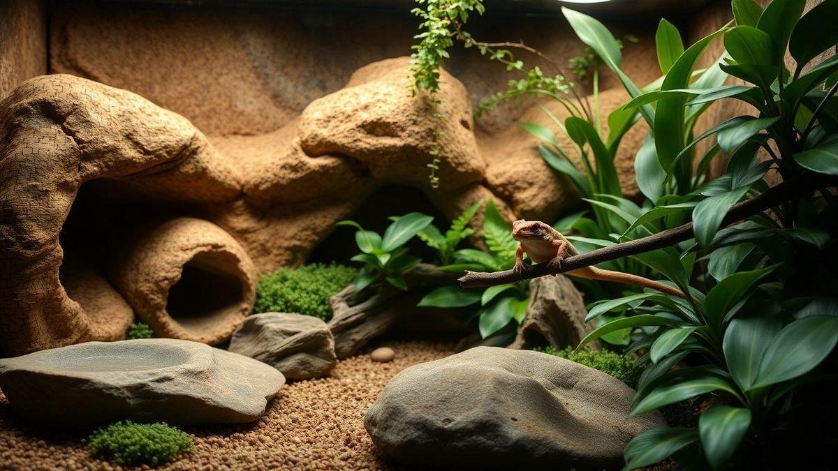 How I add decorations and hides that reduce stress and mimic natural shelter using decoração e abrigos para répteis